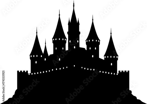 a black and white silhouette of a castle, detailed, vector illustration