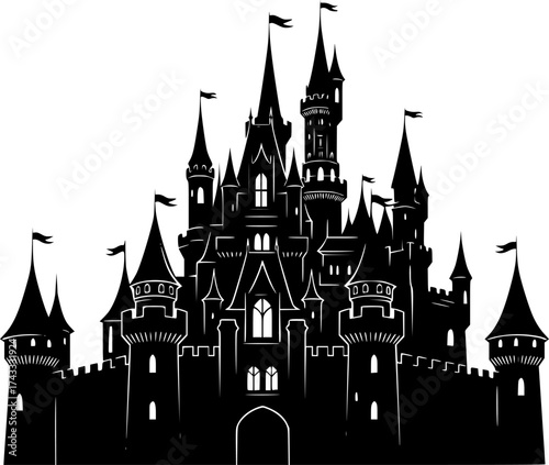 a black and white silhouette of a castle, detailed, vector illustration