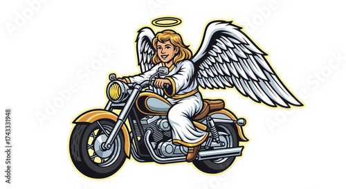 Angel rider on a motorcycle, cartoon character with wings and halo speeding down