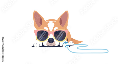 Stylish corgi relaxing with sunglasses and a leash evoking a relaxed and playful mood