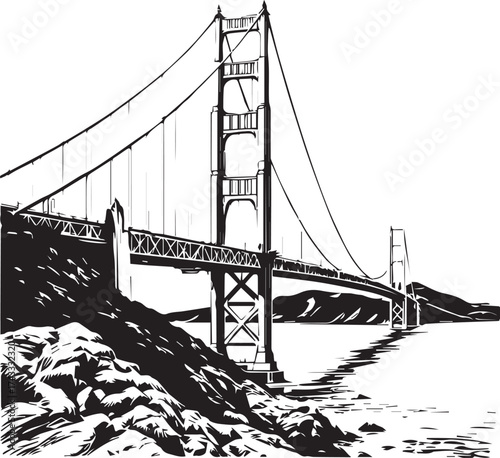 Golden Gate Bridge Vector with Suspension Cables and Rocky Shore – Black and White Landmark Design