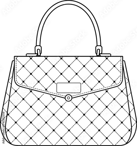 Elegant quilted handbag illustration, fashion accessory drawing, luxury purse design, diamond stitching, flap closure, stylish women’s bag, retail catalog artwork