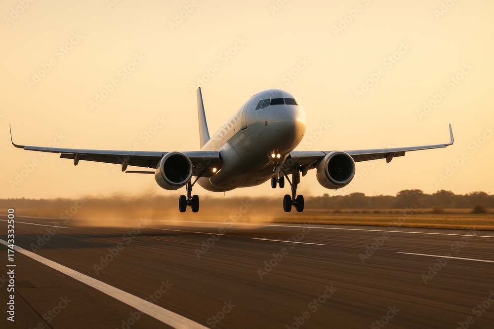 Obraz premium Commercial airplane taking off from runway with motion blur at sunset, glowing in golden light against a scenic horizon and clear sky background. Ai generative