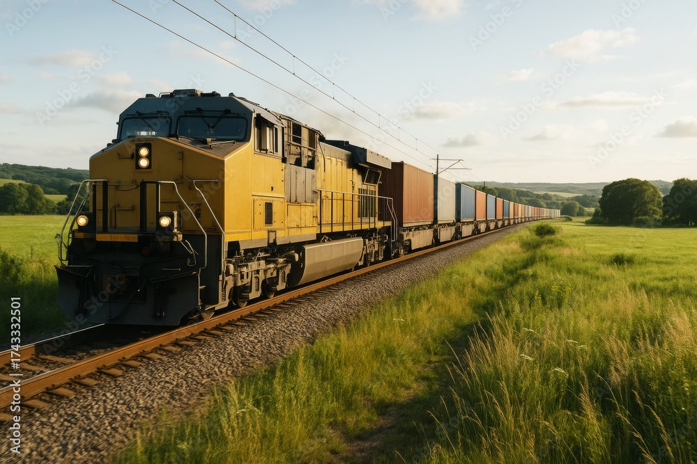 Fototapeta premium Long freight train with yellow locomotive moving through countryside during golden hour light on summer day with scenic green field background. Ai generative
