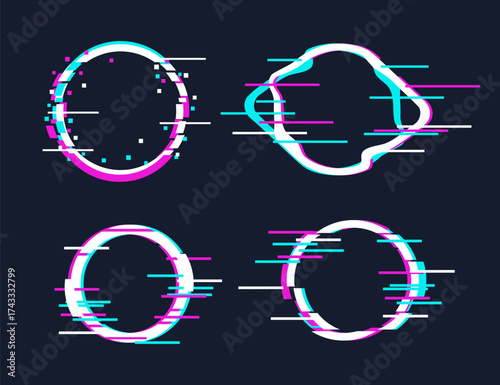 Set of glitch circle frames. Circle glitch effect frame set collection. distorted signal chaos, circular distorted glitch modern, glitched ring light effect distortion border. flaw bug circles border
