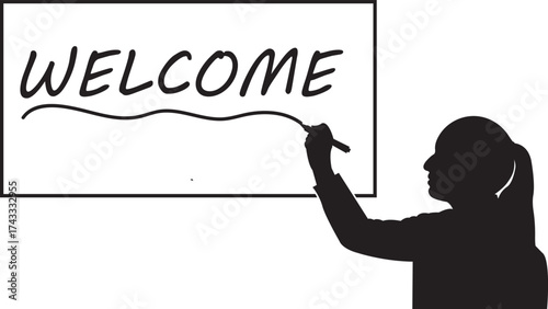 Silhouette of a woman writing “WELCOME” on a whiteboard, ideal for education, orientation, customer service, event signage, classroom decor, training materials, and stock visuals for hospitality or fi