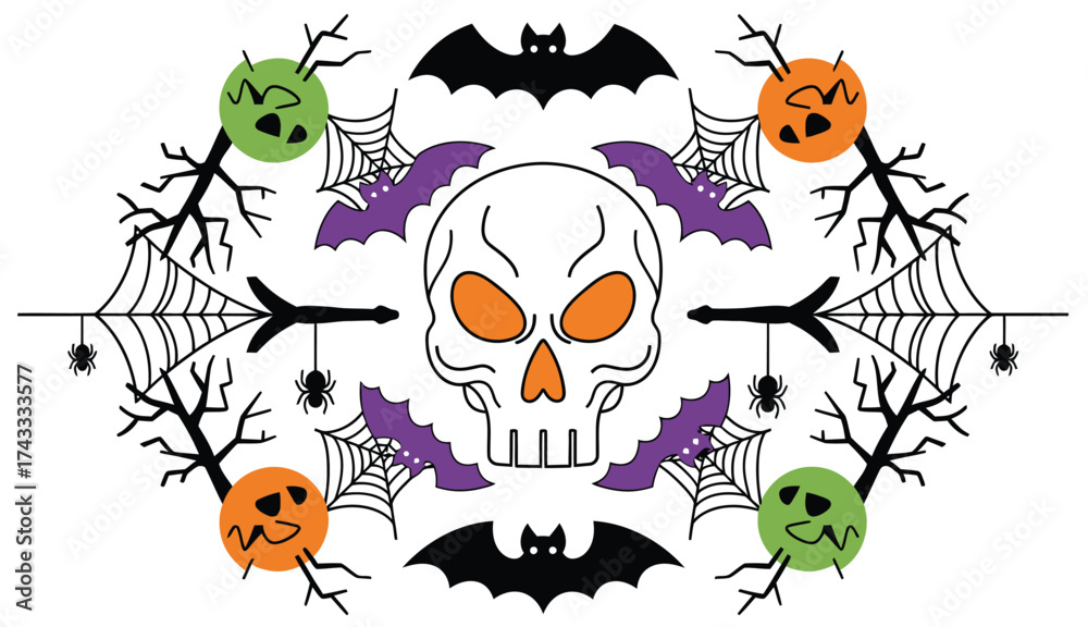 Fototapeta premium Spooky Halloween Skull with Bats and Spiders