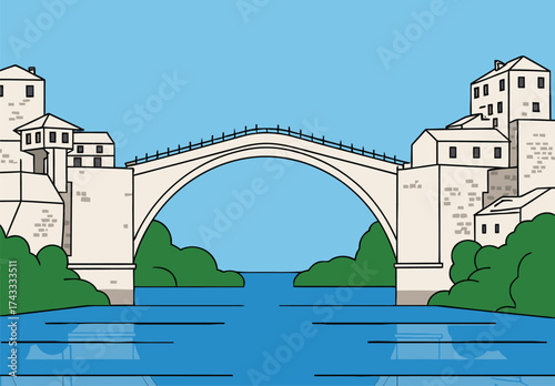 Iconic Stari Most Bridge in Mostar Illustration