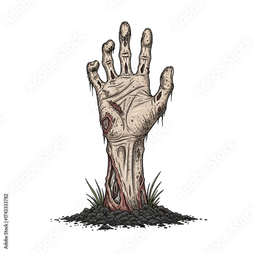 Creepy zombie hand rising from the grave, perfect for Halloween designs and spooky event promotions, or horror themed projects needing a scary touch