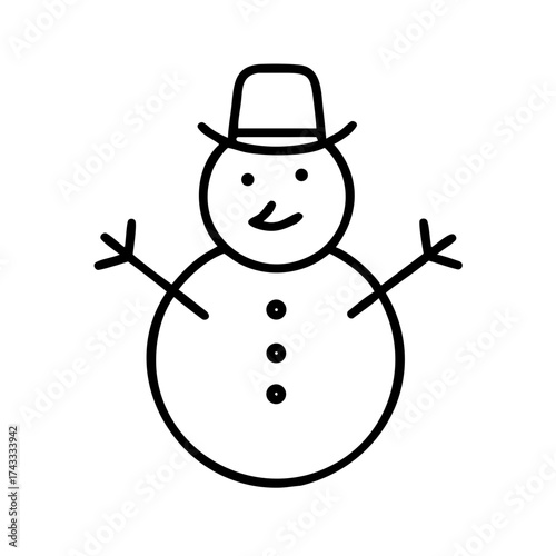 Simple line drawing of a cheerful snowman with a hat and arms  