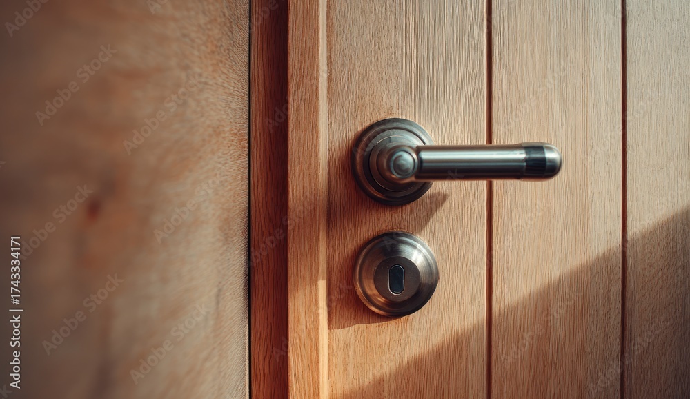 Obraz premium Close-up of a light brown wooden door with a modern metal door handle and lock