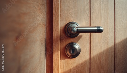 Close-up of a light brown wooden door with a modern metal door handle and lock