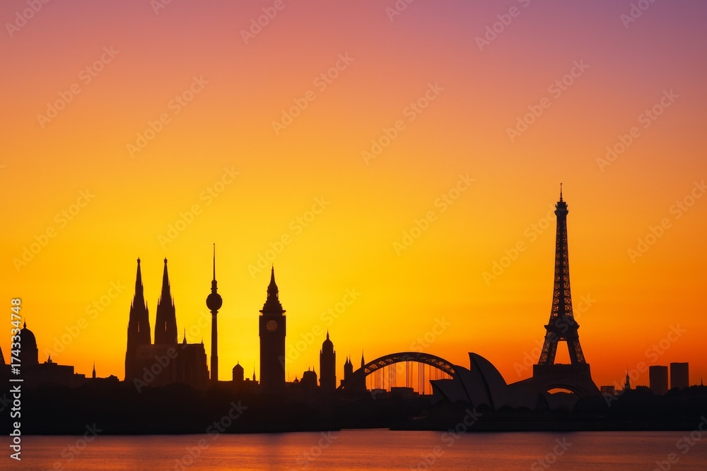 Obraz premium Silhouettes of iconic world landmarks against vibrant orange and purple sunset sky over water with soft gradient light background, abstract concept. Ai generative