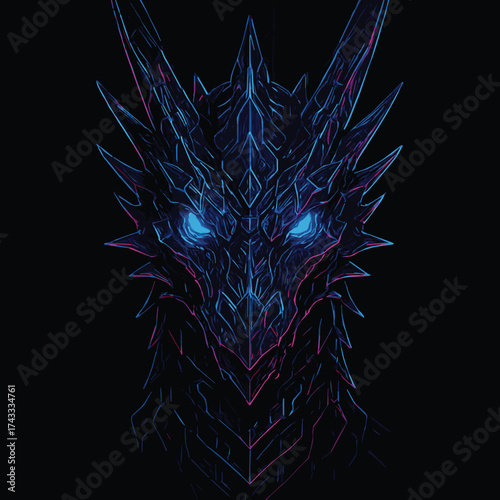Futuristic Cyberpunk Dragon Head with Glowing Neon Blue Eyes – Digital Sci-Fi Artwork