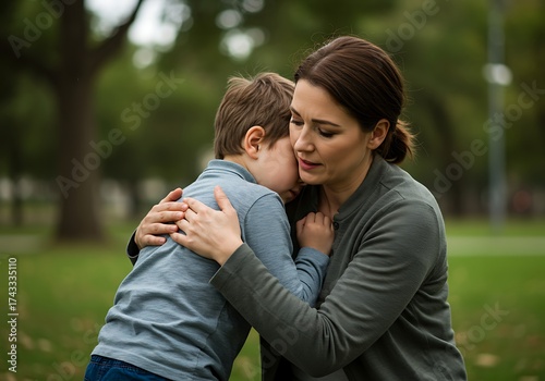 Mother comforts son outdoors emotional support and care concept