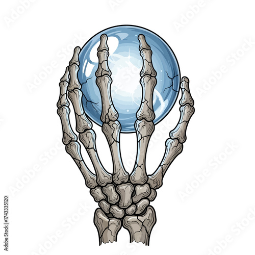 Mystical skeleton hands holding a glowing crystal ball, perfect for Halloween promotions, fortune telling concepts, and fantasy art designs for an eerie effect