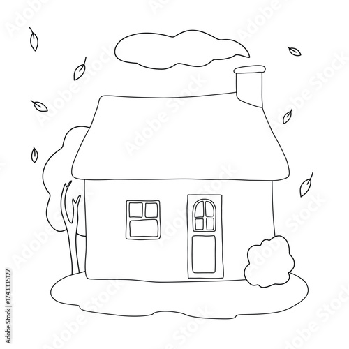 Cute little house doodle illustration with autumn landscape, trees, falling leaves, and chimney smoke. Perfect for coloring pages, kids projects, vector line