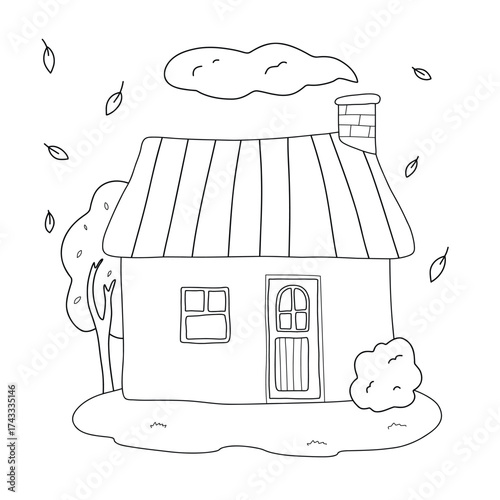 Cute little house doodle illustration with autumn landscape, trees, falling leaves, and chimney smoke. Perfect for coloring pages, kids projects, vector line