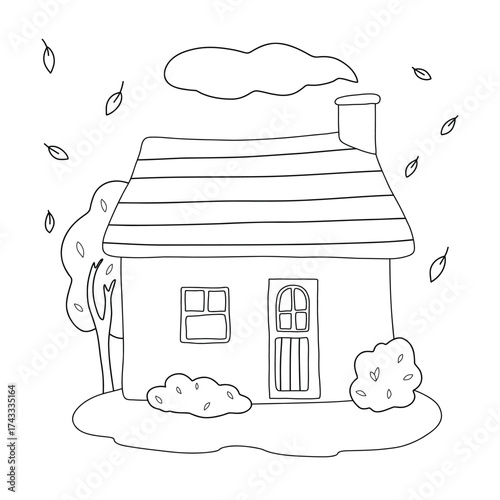 Cute little house doodle illustration with autumn landscape, trees, falling leaves, and chimney smoke. Perfect for coloring pages, kids projects, vector line
