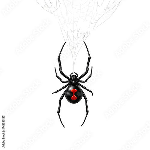Creepy black widow spider descending from its web, perfect for horror themes, Halloween decorations, or educational content about poisonous arachnids