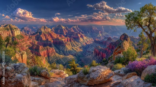Scenic vista of the Grand Canyon at sunset highlighting its geological formations