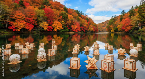 A crystal-clear lake reflecting the fiery colors of autumn foliage, with floating lanterns drifting across the water under a bright midday sky