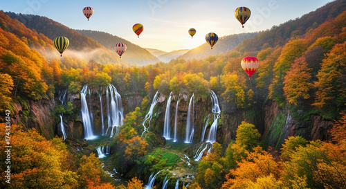 A hidden autumn valley filled with golden trees and waterfalls cascading from colorful cliffs, with hot air balloons floating above the landscape