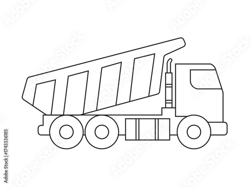 Heavy dump truck line art illustration of industrial construction vehicle, isolated on white background. Perfect for transport, haulage, machinery, truck icon, vector, outline, and graphic design.