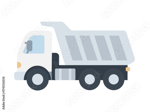 Flat vector illustration of a heavy dump truck. Industrial vehicle with hydraulic tipper, ideal for construction, transport, waste management, and heavy machinery projects, isolated line style.