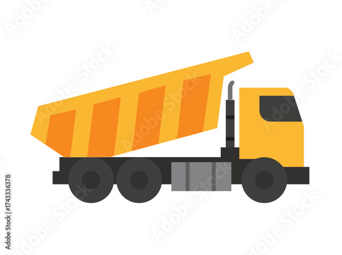 Flat vector illustration of a heavy dump truck. Industrial vehicle with hydraulic tipper, ideal for construction, transport, waste management, and heavy machinery projects, isolated line style.