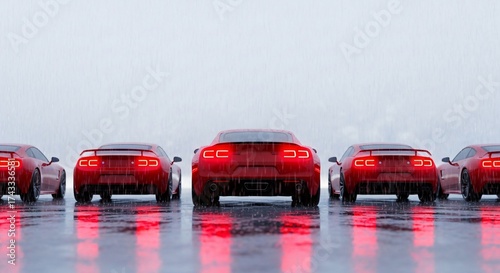 Red sports cars lined up glistening in the rain sleek modern design