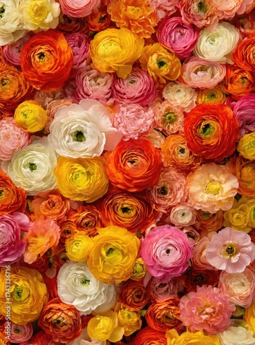 Colorful ranunculus blossoms fill the frame