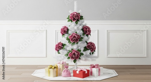 Elegant white Christmas tree decorated with roses and gifts for the holidays