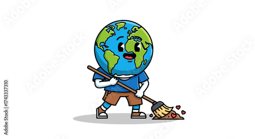 Illustration of earth character cleaning up dirt with hearts concept for ecology