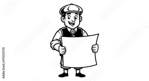 Vintage newspaper delivery boy cartoon character holding blank paper for promotion