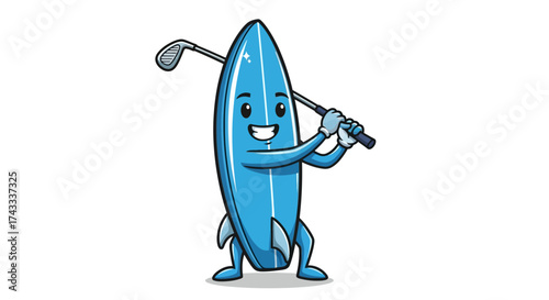 Whimsical surfboard cartoon character playing golf with a cheerful expression on a white background