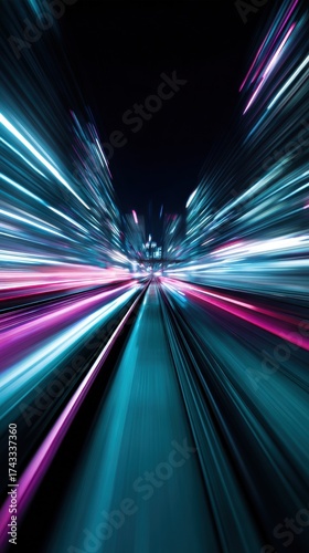 Abstract motion blur of neon lights in a futuristic urban tunnel at night