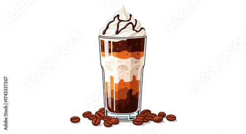 Delicious layered coffee drink with cream and chocolate syrup illustration art