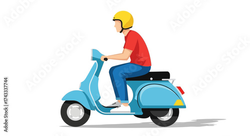 Vector illustration of a man riding a light blue scooter with yellow helmet on white background