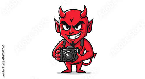 A cartoon devil character holding a camera with a mischievous smile and red skin tone illustration
