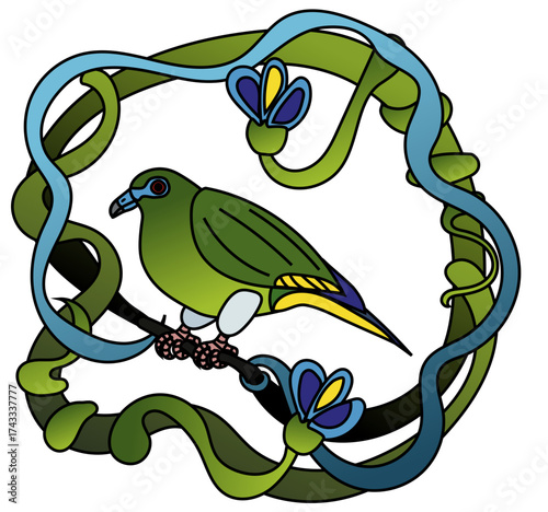 A yellow-vented green pigeon bird, Treron seimundi, also known as Seimunds's Pintail Pigeon, sitting on a branch, surrounded by decorative vines in art-nouveau style with blue and yellow flowers.