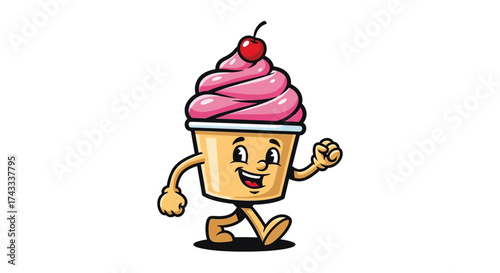 Cartoon Cupcake Character Walking Cheerfully With Cherry On Top and Smiling Face