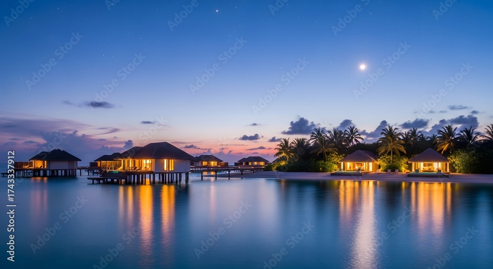 Obraz premium Luxury overwater bungalows at twilight with tropical island and moon