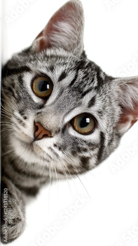 Close-up of a tabby cat peeking from the side with striking eyes and striped fur