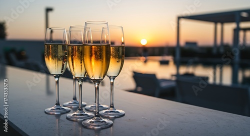 Elegant champagne flutes filled with a light-colored sparkling wine on a bar counter, with a blurred backdrop of a luxurious rooftop pool at sunset.