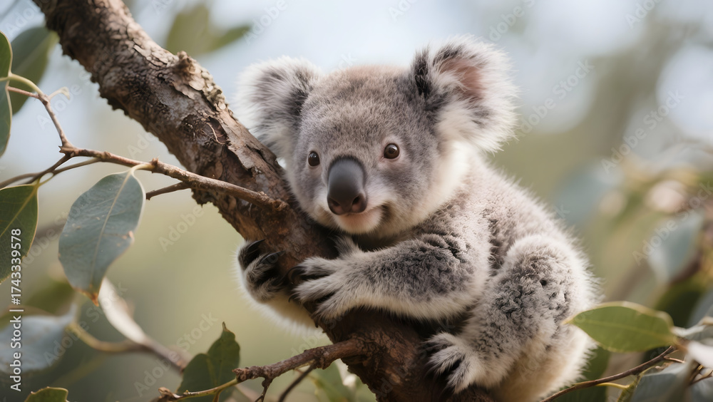 Fototapeta premium Baby Koala Sitting on a Tree Branch in Nature
