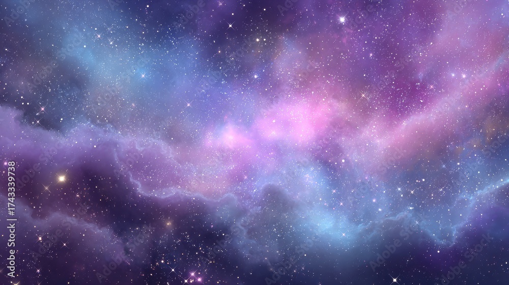 Naklejka premium A vibrant cosmic nebula with swirling purple and blue clouds illuminated by distant stars in deep space.