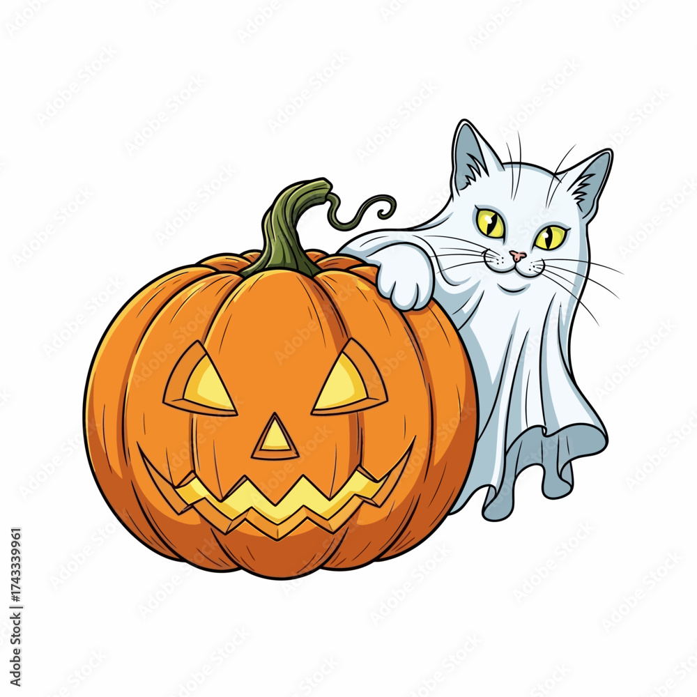 Fototapeta premium Adorable Halloween fun with a cute ghost cat playfully peeking from behind a grinning jack-o'-lantern pumpkin, perfect for seasonal designs