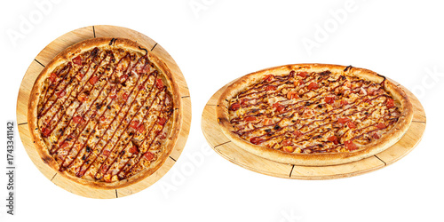 Pizza with barbecue sauce, chicken, cheese, on a wooden board, cut into portions, isolated on a transparent background