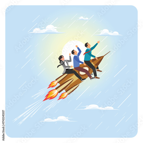 Team direction concept. Team of Friends Riding a Rocket Through Rainy Sky Toward Sun and Success.